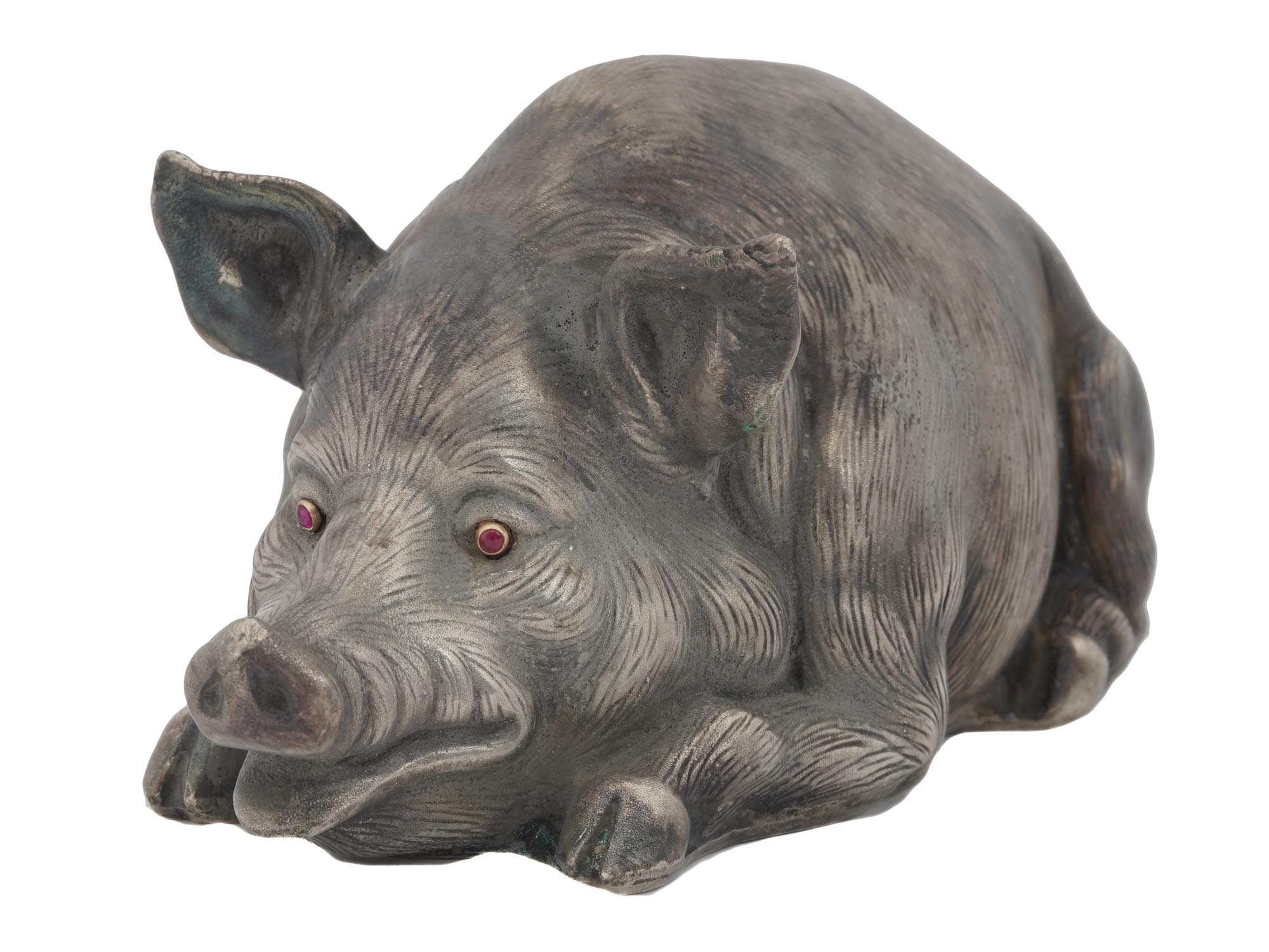 RUSSIAN SILVER PIG FIGURINE WITH RUBY STONE EYES PIC-0